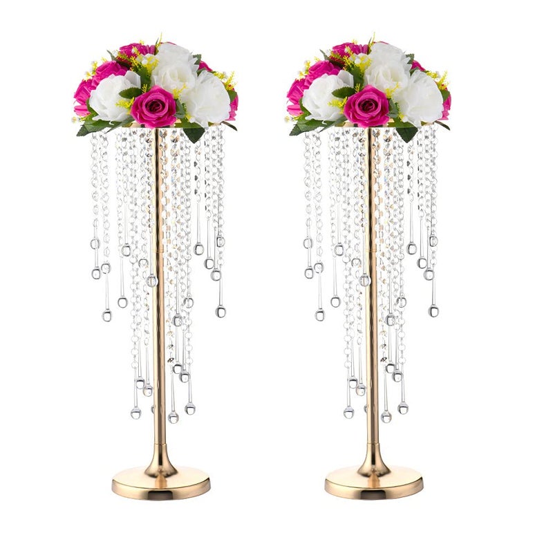 LANLONG 21.6in Gold Wedding Centerpieces for Table, 2Pcs Tall Vases Wedding Centerpieces with Sparkling Crystal Beads, Metal Flower Stand for Wedding Reception Party Events Home Decor - Image 1